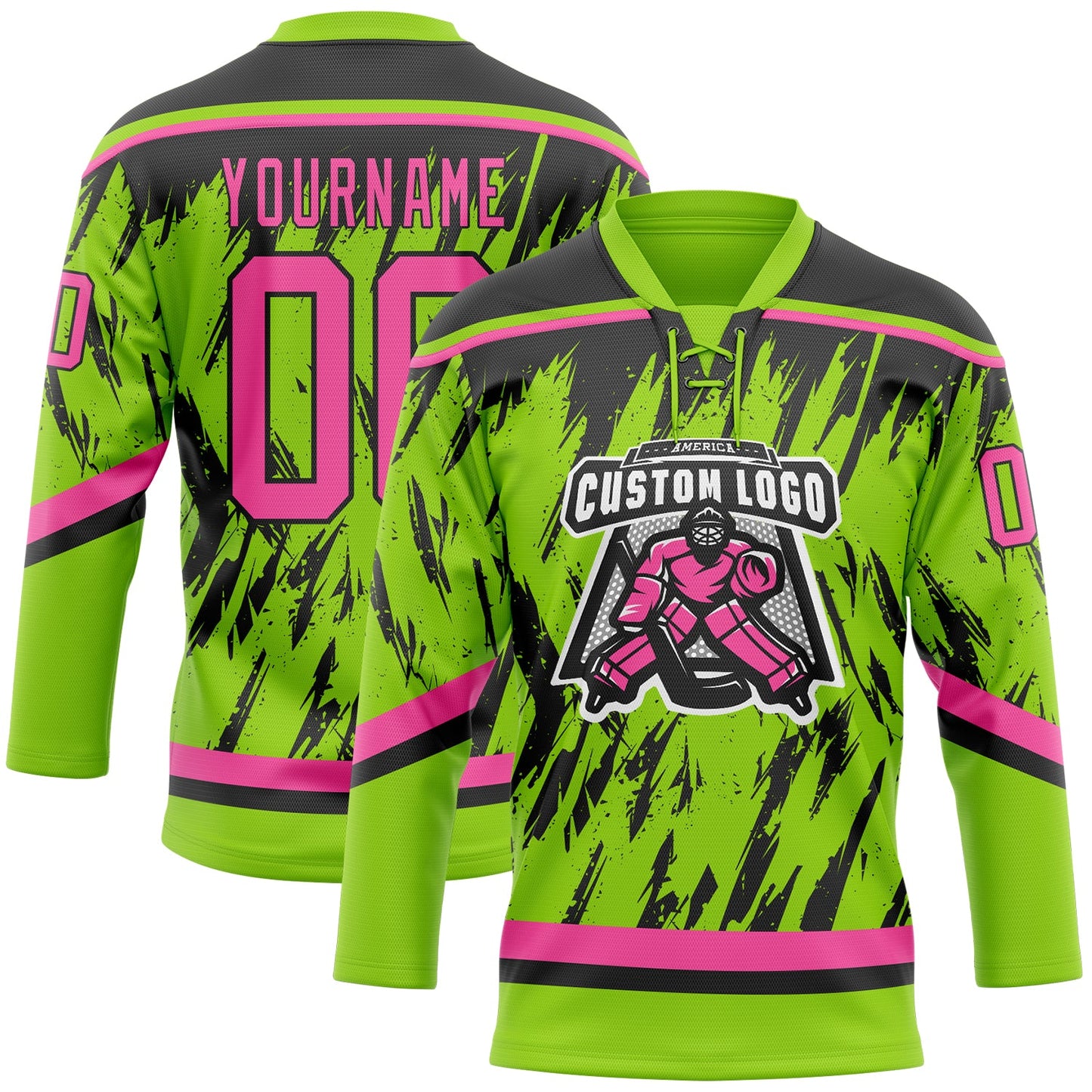 Custom Neon Green Pink-Black 3D Pattern Splash Art Hockey Lace Neck Jersey view 2
