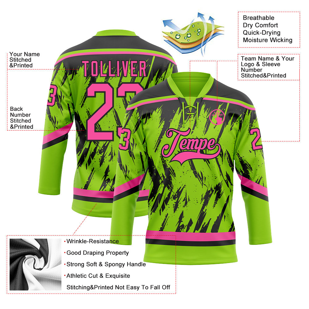 Custom Neon Green Pink-Black 3D Pattern Splash Art Hockey Lace Neck Jersey view 3