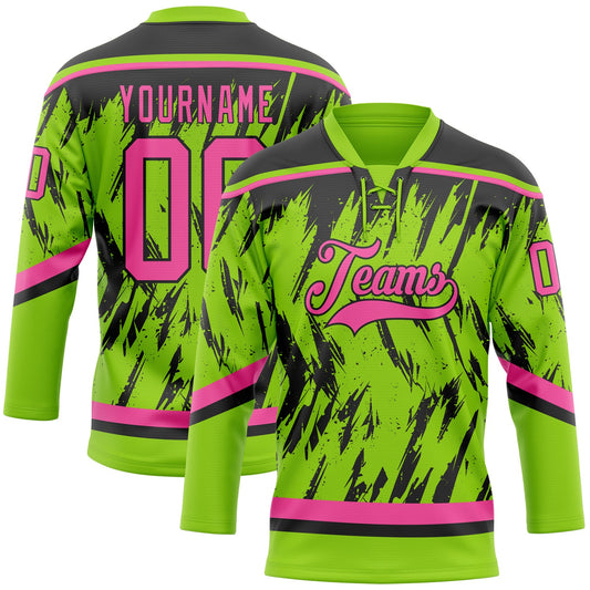 Custom Neon Green Pink-Black 3D Pattern Splash Art Hockey Lace Neck Jersey - Main View