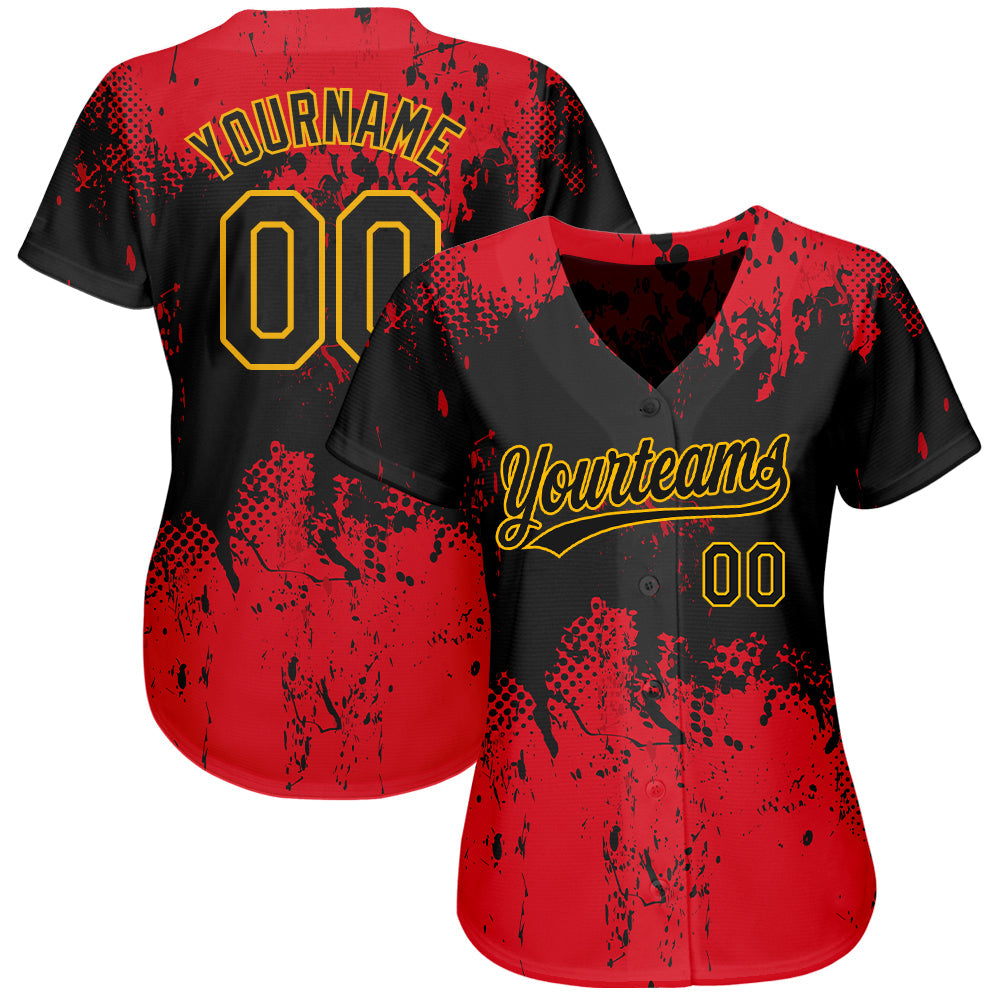 Custom Red Black-Gold 3D Pattern Design Authentic Baseball Jersey view 2
