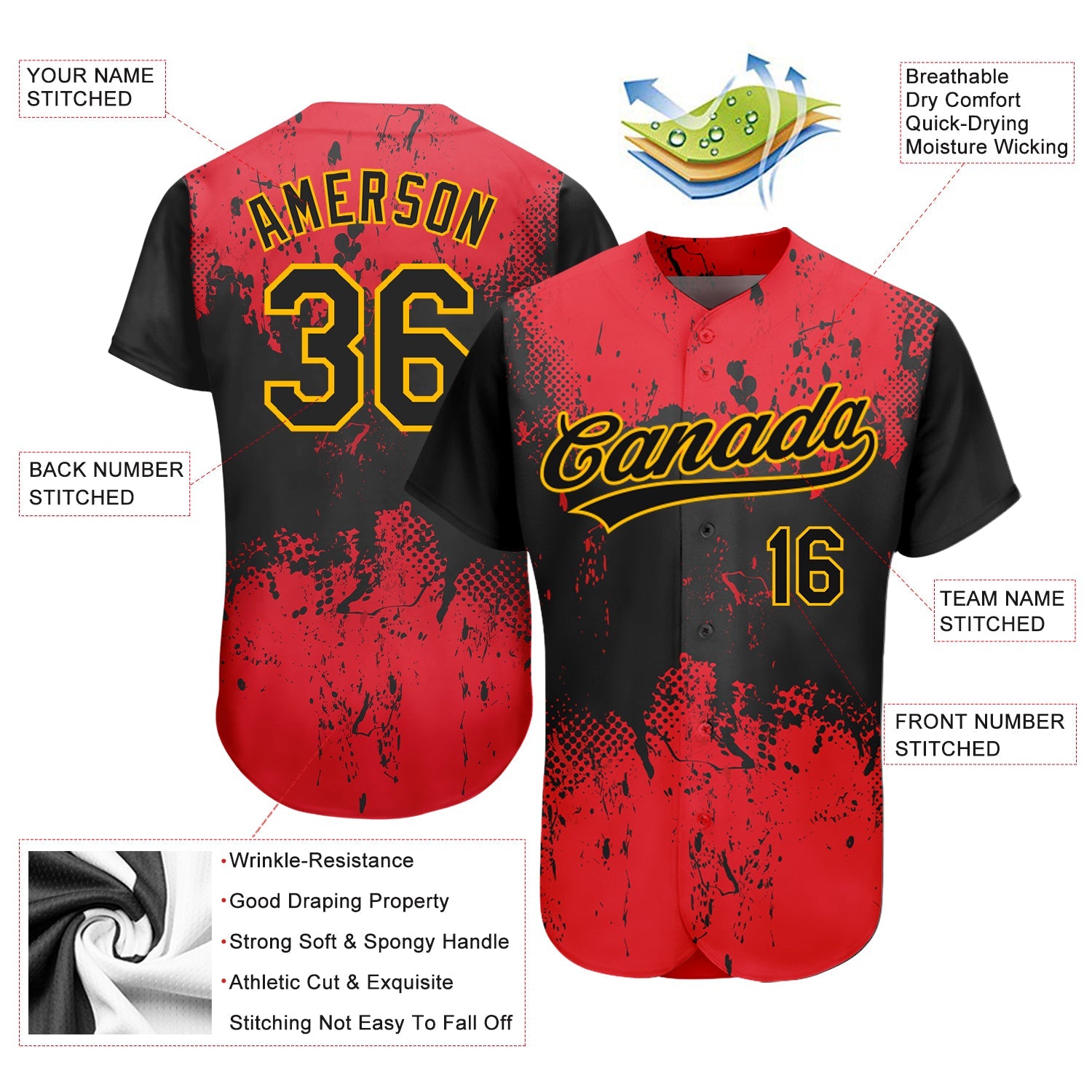 Custom Red Black-Gold 3D Pattern Design Authentic Baseball Jersey view 3
