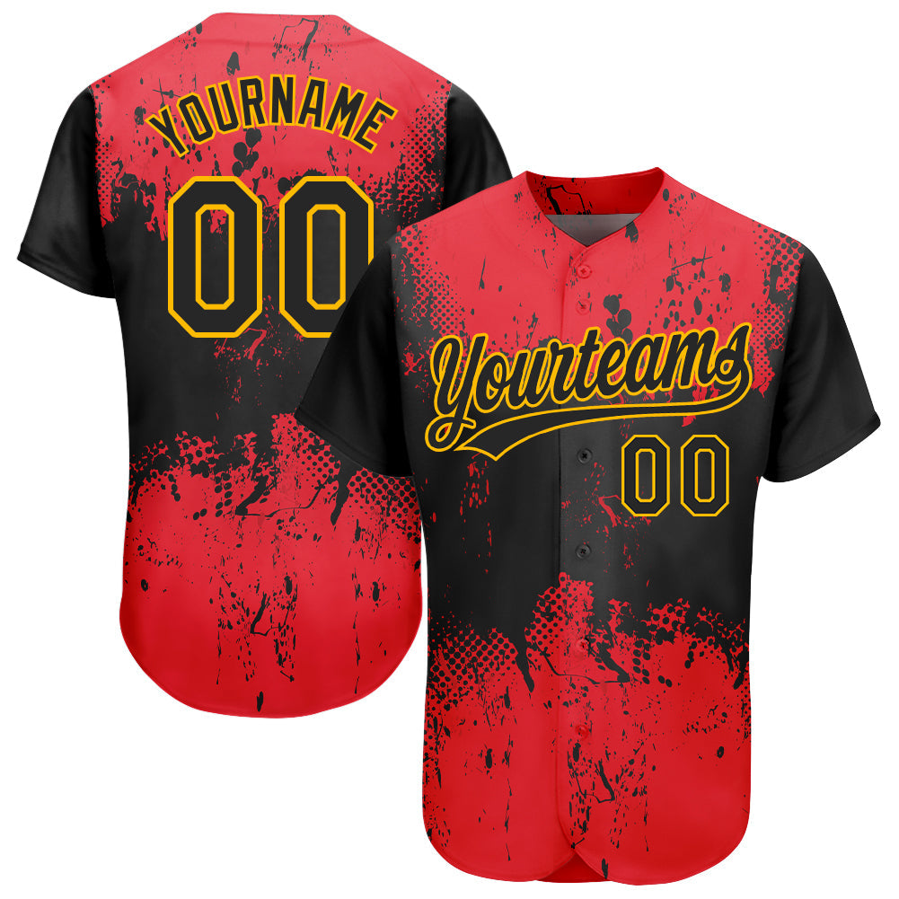 Custom Red Black-Gold 3D Pattern Design Authentic Baseball Jersey - Main View