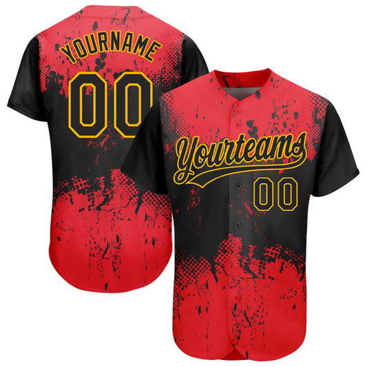 Custom Red Black-Gold 3D Pattern Design Authentic Baseball Jersey - Main View
