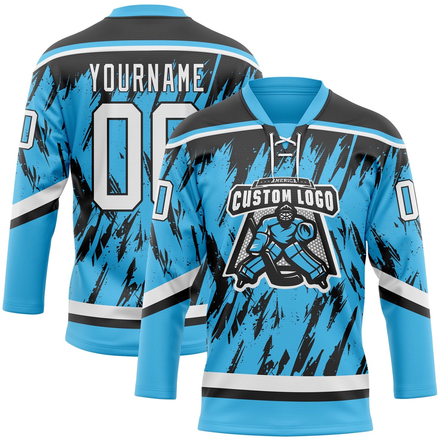 Custom Sky Blue White-Black 3D Pattern Splash Art Hockey Lace Neck Jersey view 2