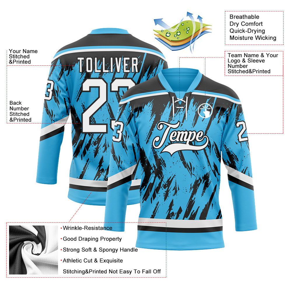 Custom Sky Blue White-Black 3D Pattern Splash Art Hockey Lace Neck Jersey view 3