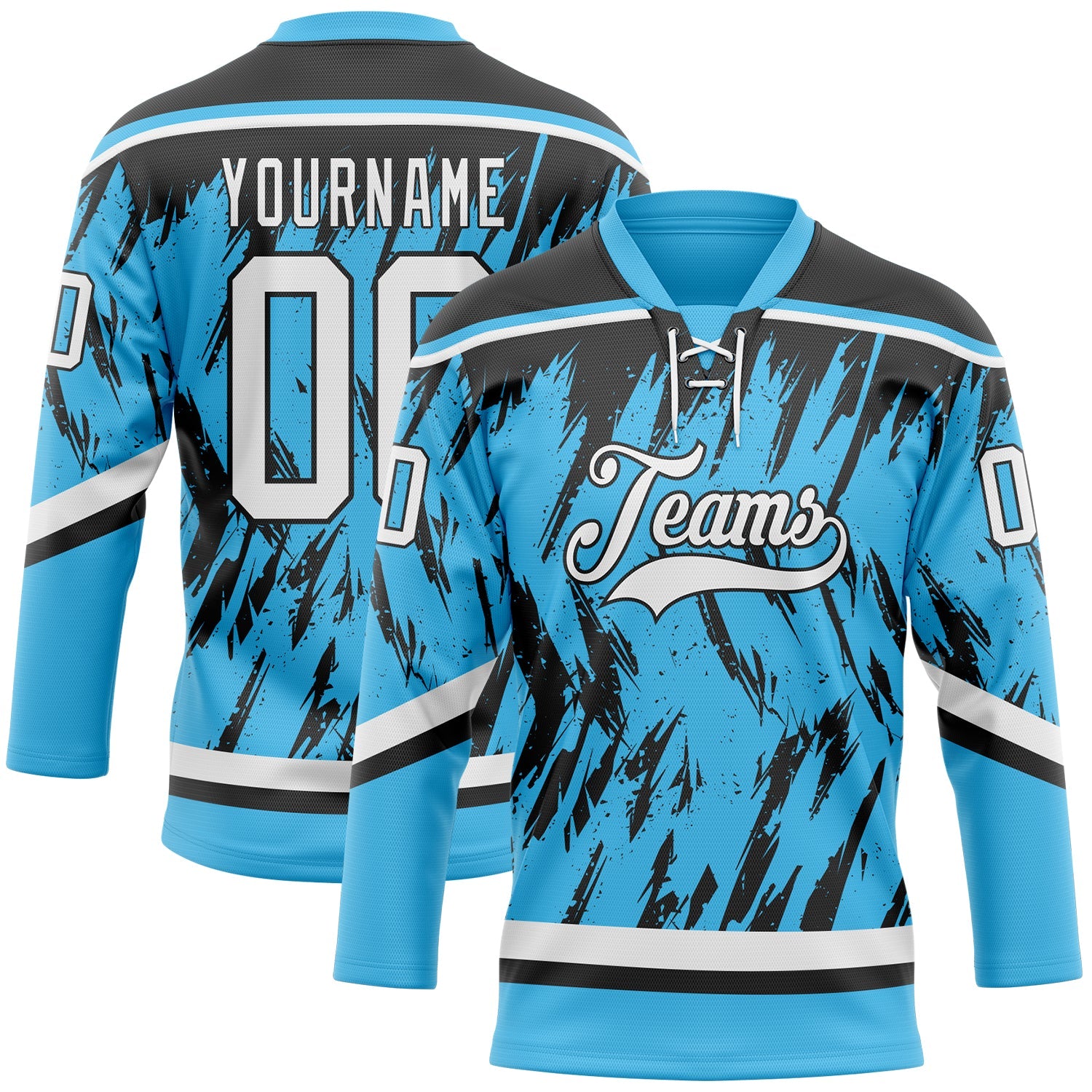 Custom Sky Blue White-Black 3D Pattern Splash Art Hockey Lace Neck Jersey - Main View