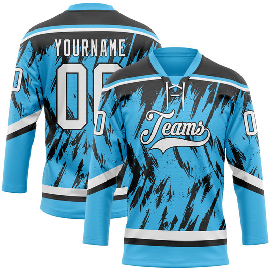Custom Sky Blue White-Black 3D Pattern Splash Art Hockey Lace Neck Jersey - Main View