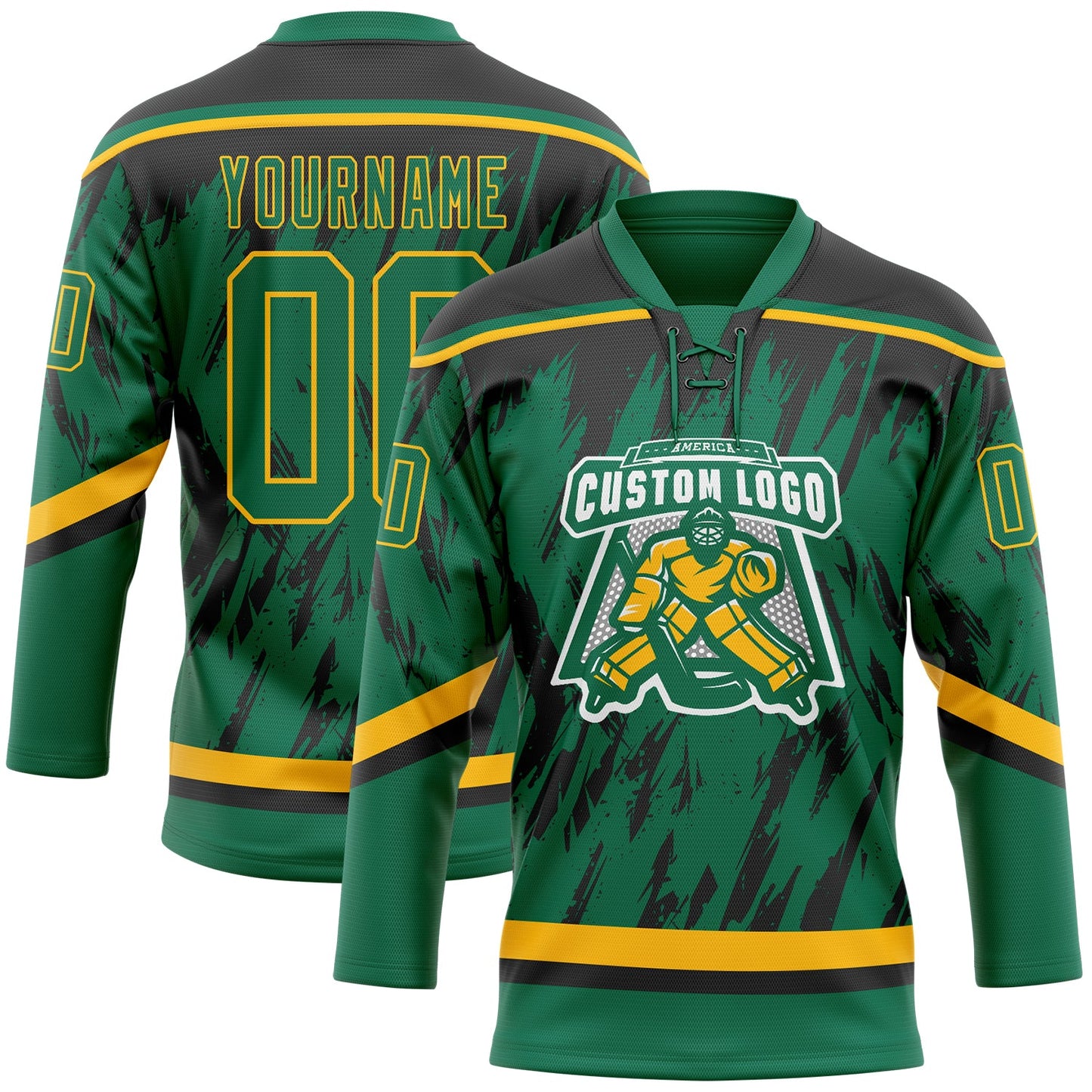 Custom Kelly Green Gold-Black 3D Pattern Splash Art Hockey Lace Neck Jersey view 2