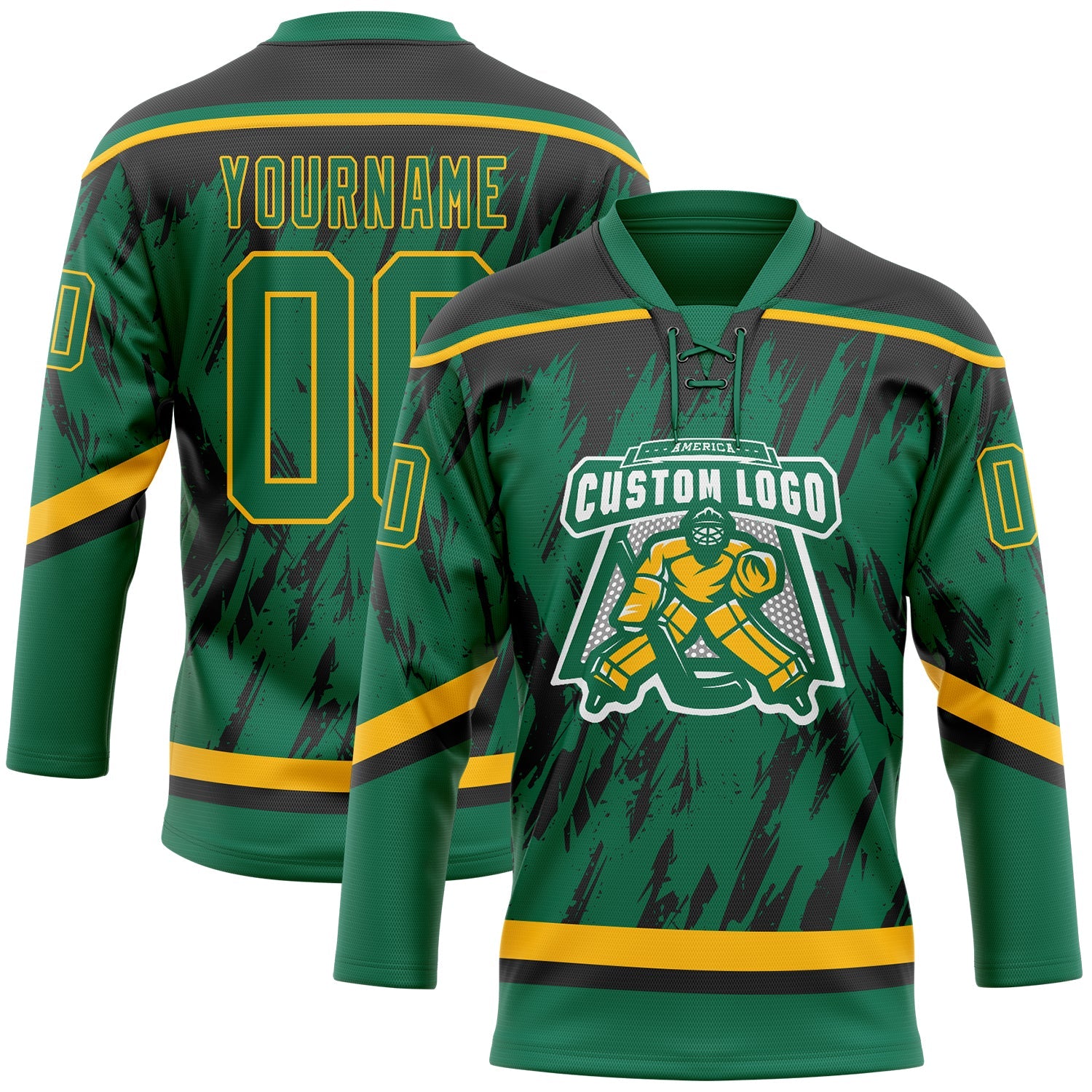 Custom Kelly Green Gold-Black 3D Pattern Splash Art Hockey Lace Neck Jersey view 2