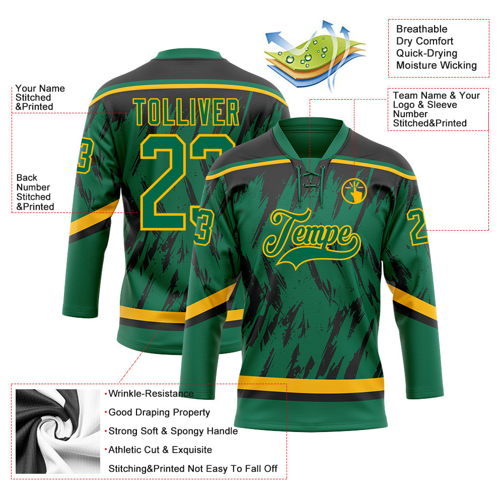 Custom Kelly Green Gold-Black 3D Pattern Splash Art Hockey Lace Neck Jersey view 3