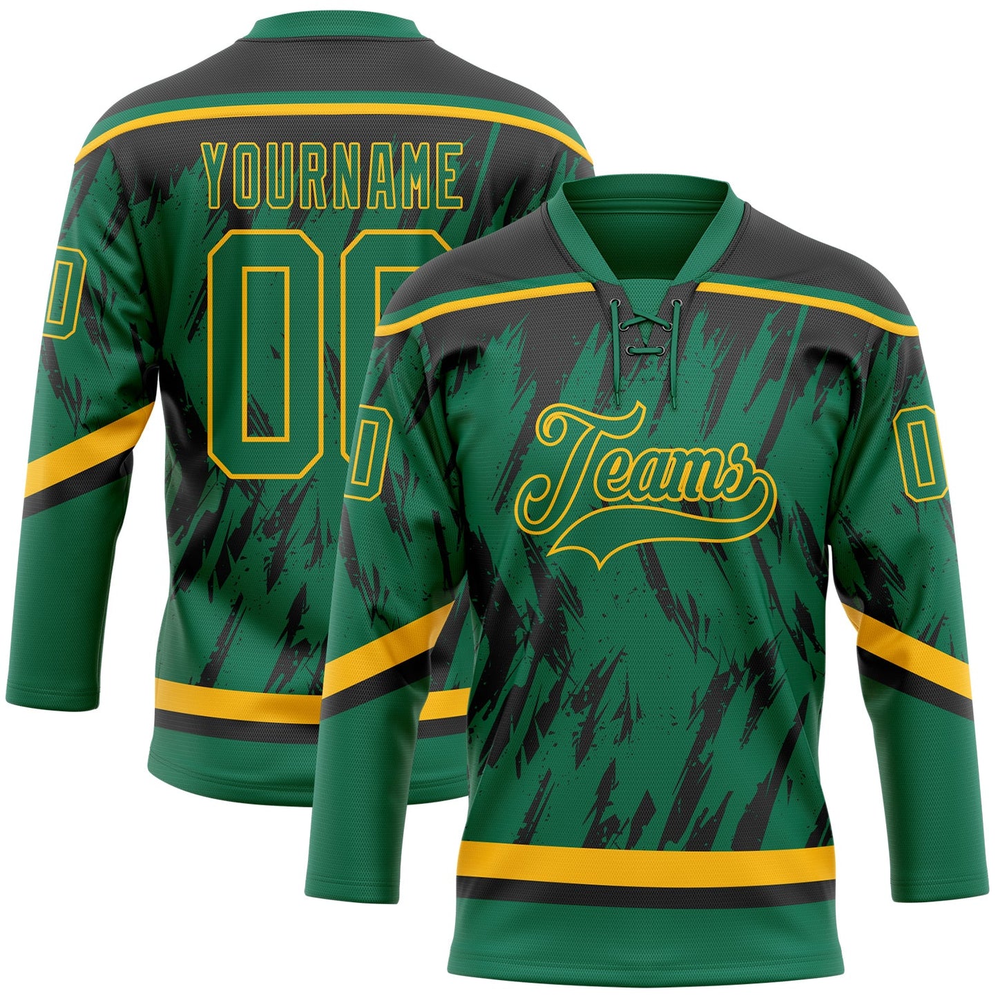 Custom Kelly Green Gold-Black 3D Pattern Splash Art Hockey Lace Neck Jersey - Main View