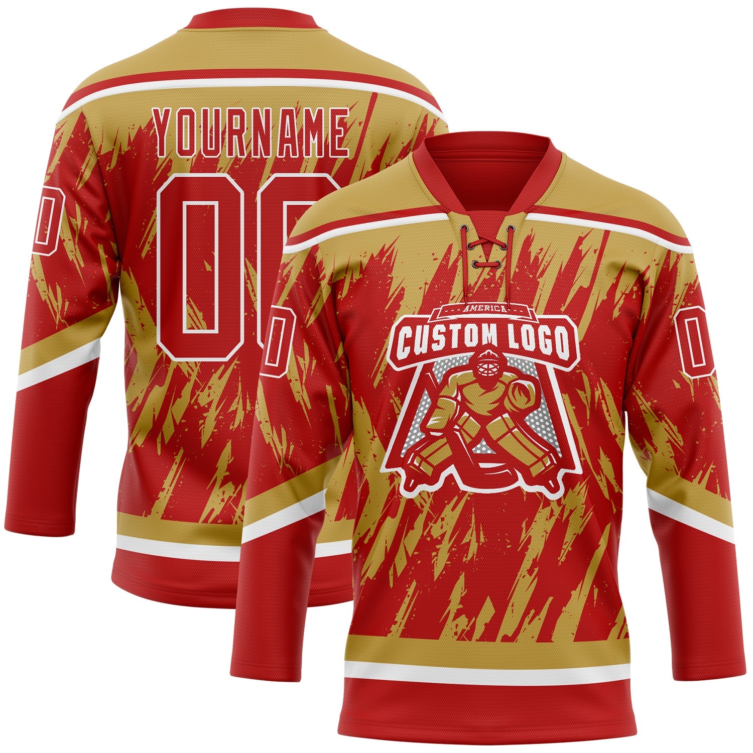 Custom Red Old Gold-White 3D Pattern Splash Art Hockey Lace Neck Jersey view 2