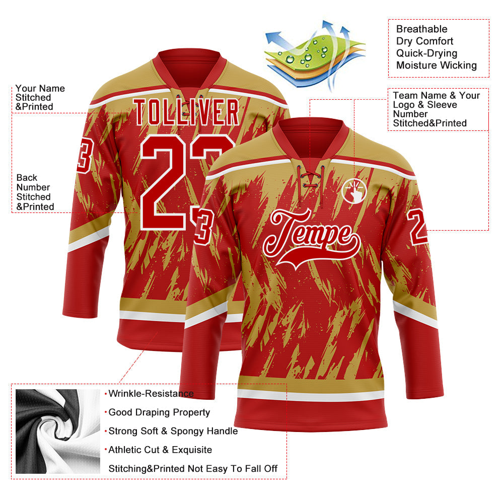 Custom Red Old Gold-White 3D Pattern Splash Art Hockey Lace Neck Jersey view 3
