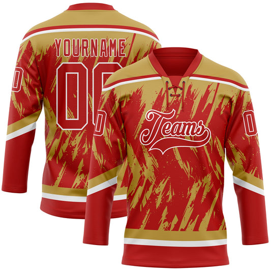 Custom Red Old Gold-White 3D Pattern Splash Art Hockey Lace Neck Jersey - Main View