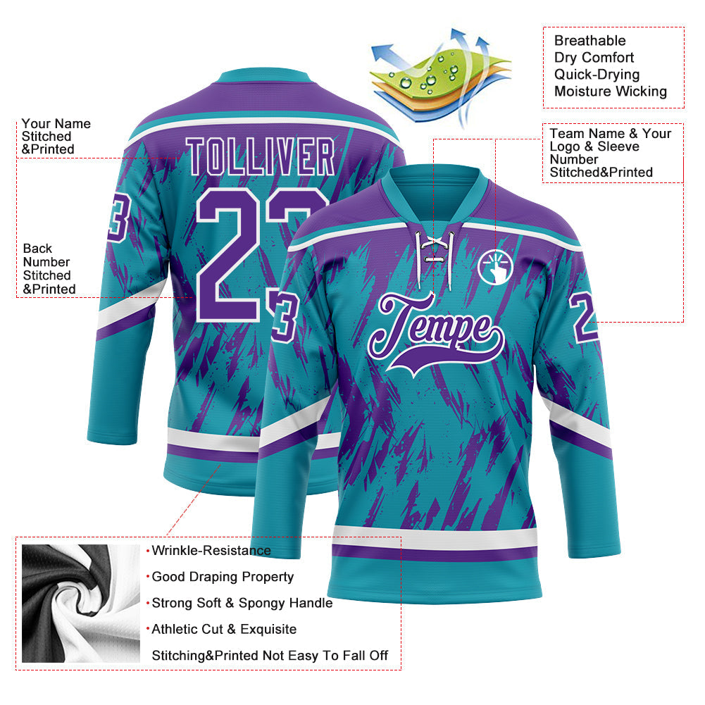 Custom Teal Purple-White 3D Pattern Splash Art Hockey Lace Neck Jersey view 3