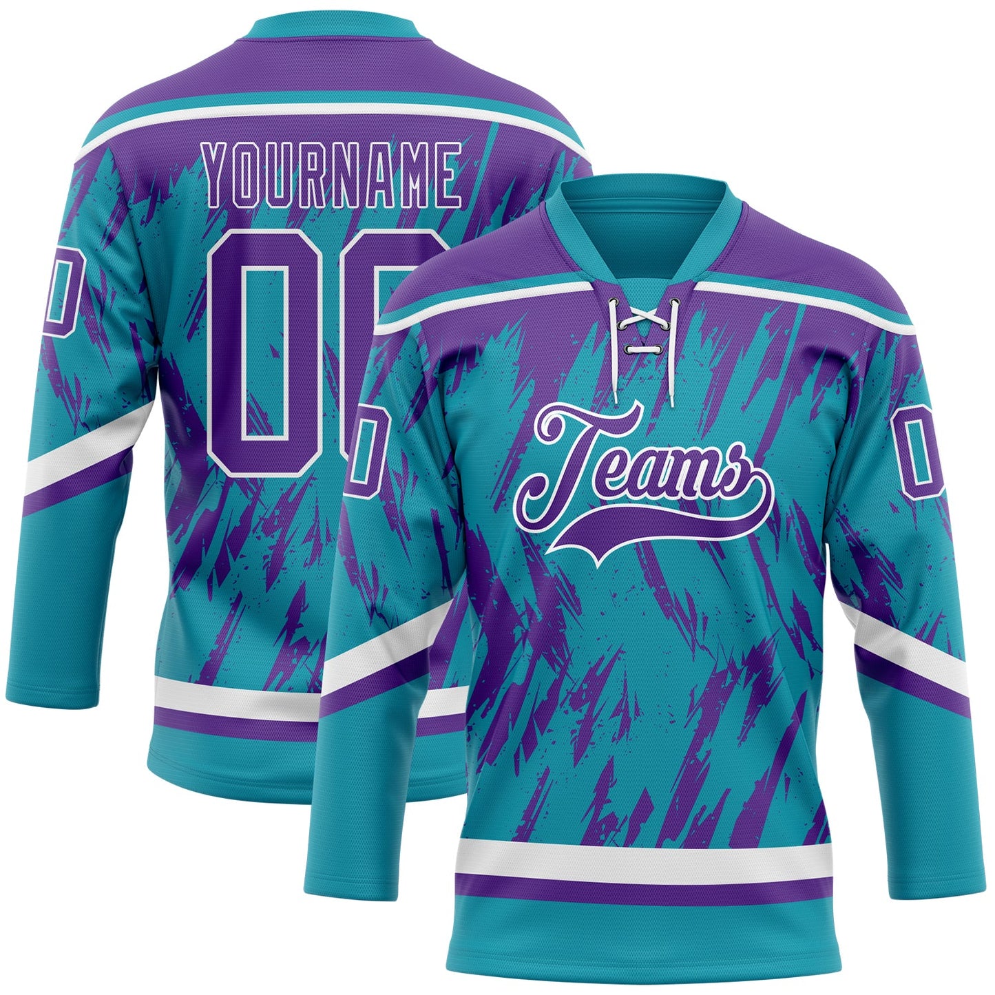 Custom Teal Purple-White 3D Pattern Splash Art Hockey Lace Neck Jersey - Main View