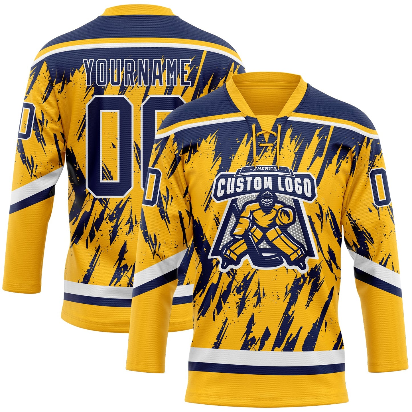 Custom Gold Navy-White 3D Pattern Splash Art Hockey Lace Neck Jersey view 2