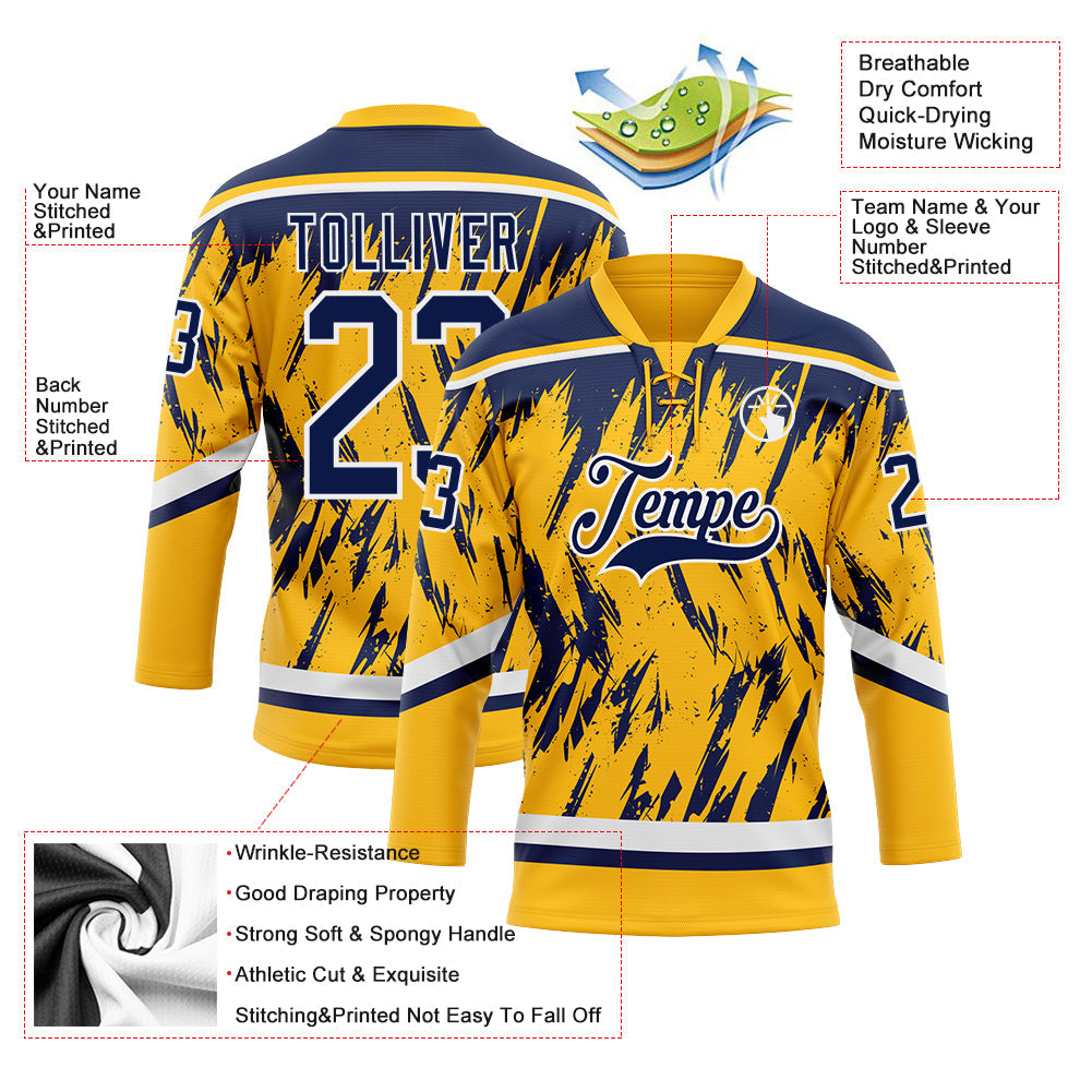 Custom Gold Navy-White 3D Pattern Splash Art Hockey Lace Neck Jersey view 3