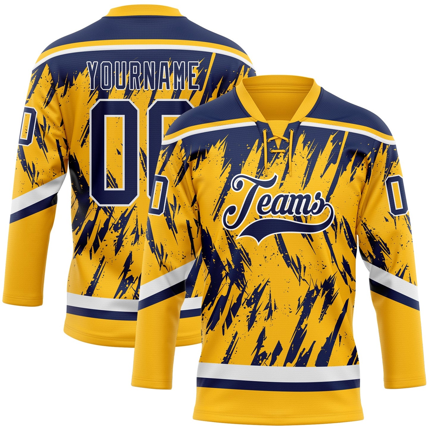 Custom Gold Navy-White 3D Pattern Splash Art Hockey Lace Neck Jersey - Main View