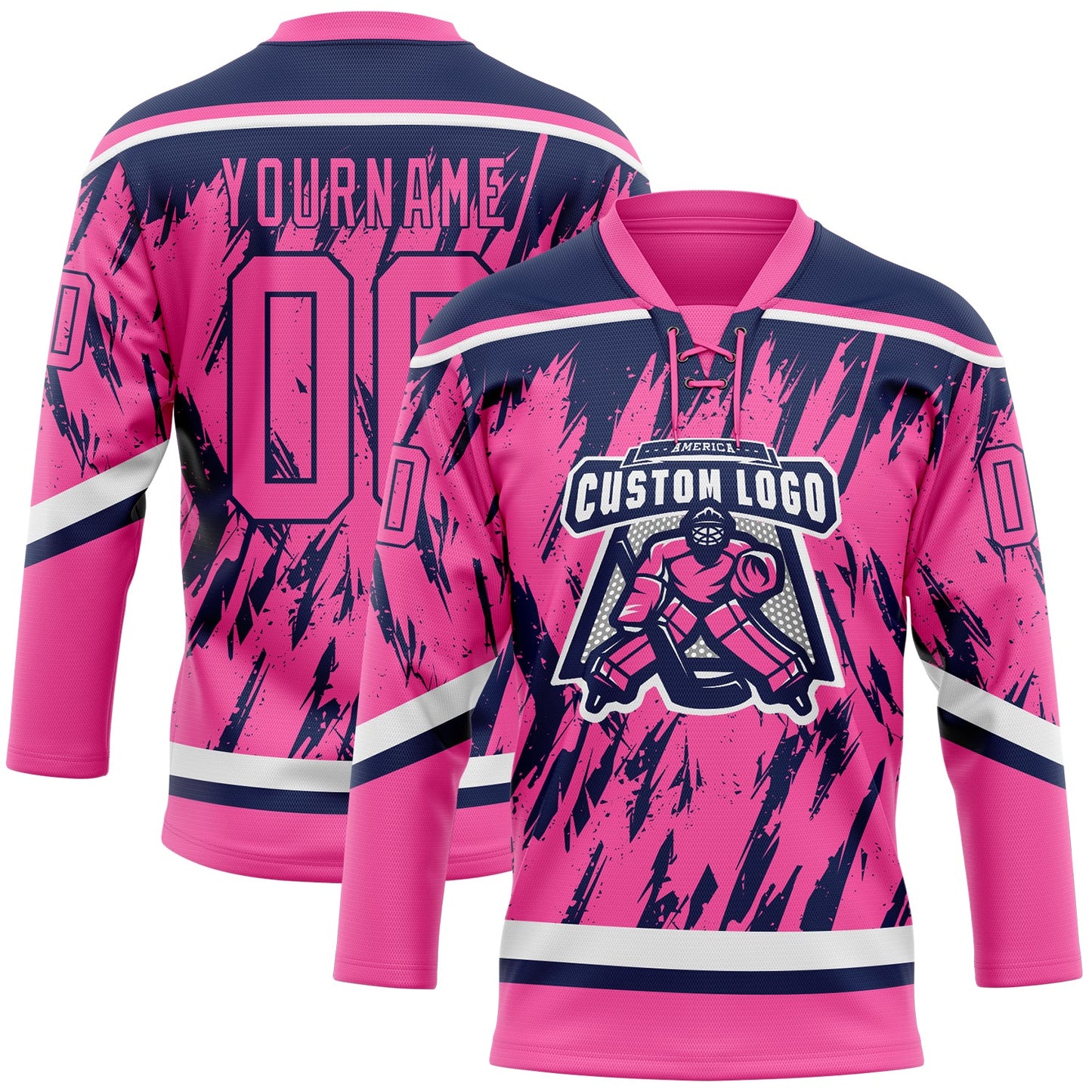 Custom Pink Navy-White 3D Pattern Splash Art Hockey Lace Neck Jersey view 2