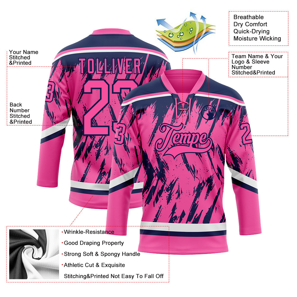 Custom Pink Navy-White 3D Pattern Splash Art Hockey Lace Neck Jersey view 3