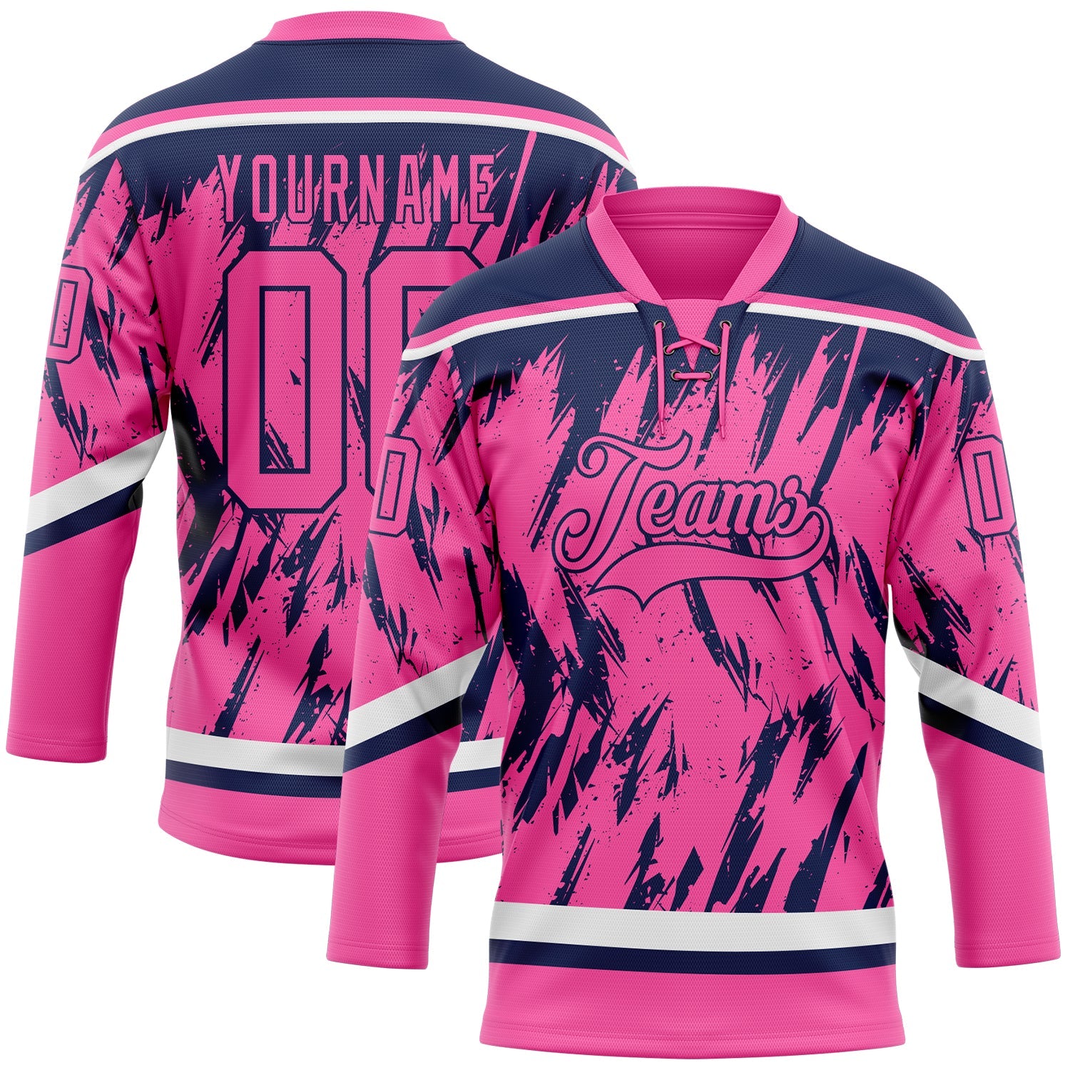 Custom Pink Navy-White 3D Pattern Splash Art Hockey Lace Neck Jersey - Main View