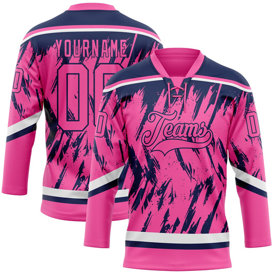 Custom Pink Navy-White 3D Pattern Splash Art Hockey Lace Neck Jersey - Main View