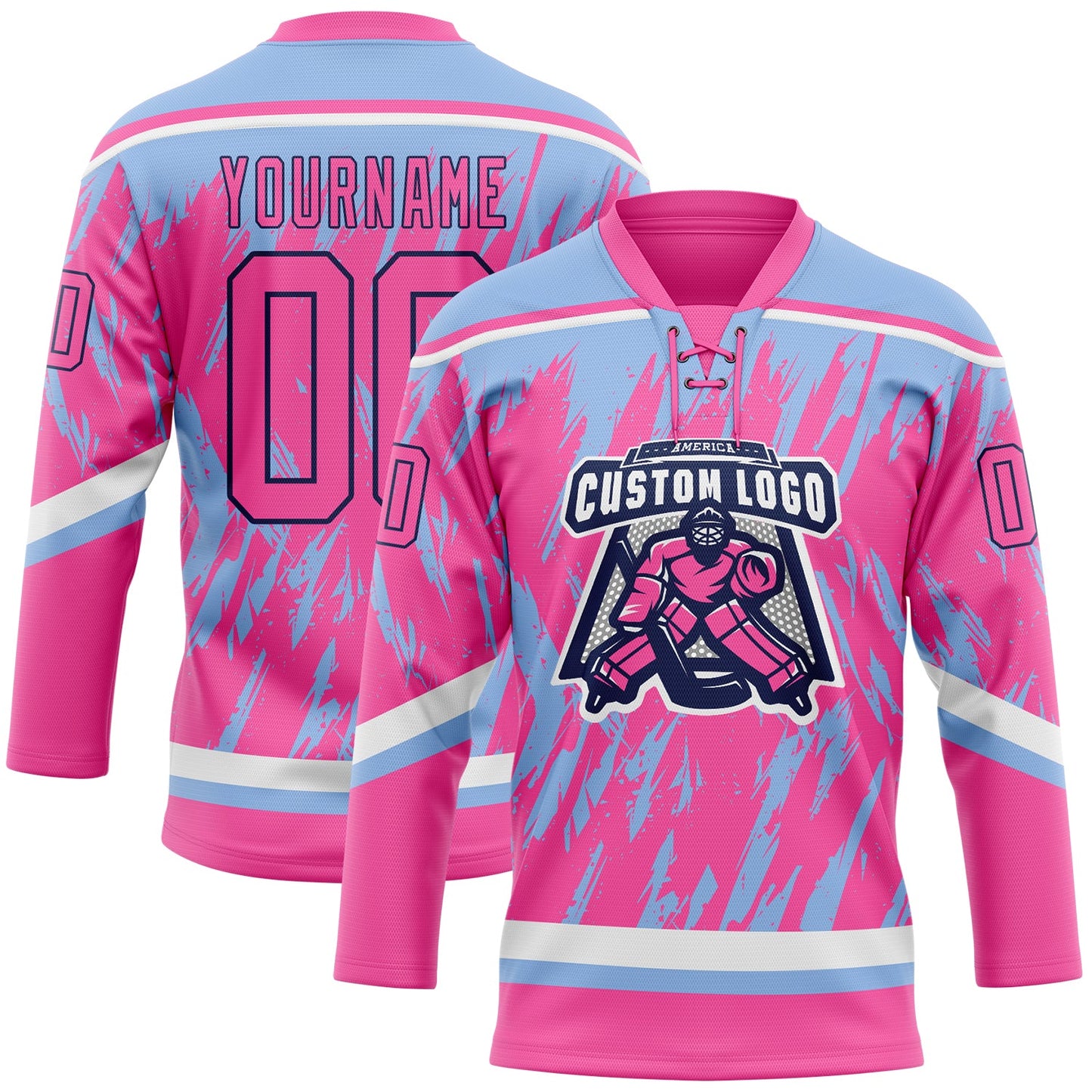 Custom Pink Light Blue Navy-White 3D Pattern Splash Art Hockey Lace Neck Jersey view 2