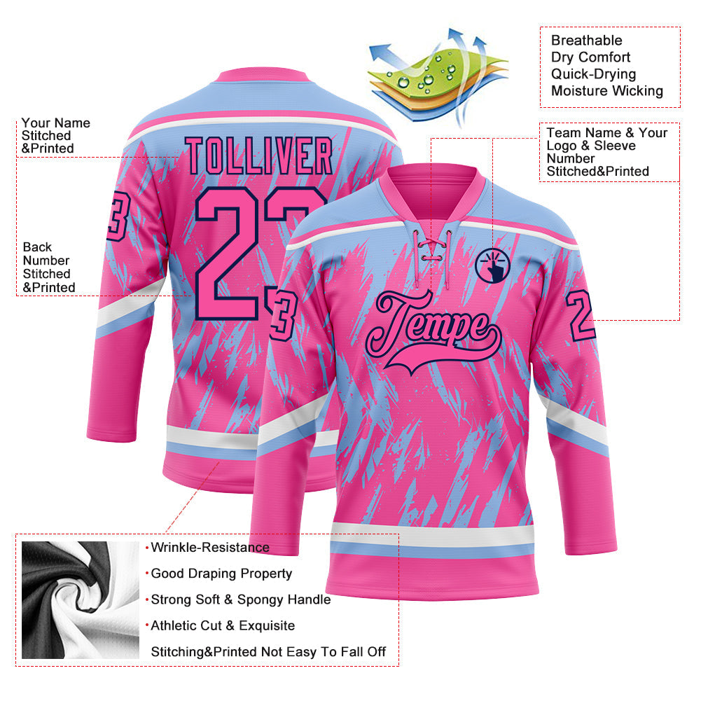 Custom Pink Light Blue Navy-White 3D Pattern Splash Art Hockey Lace Neck Jersey view 3