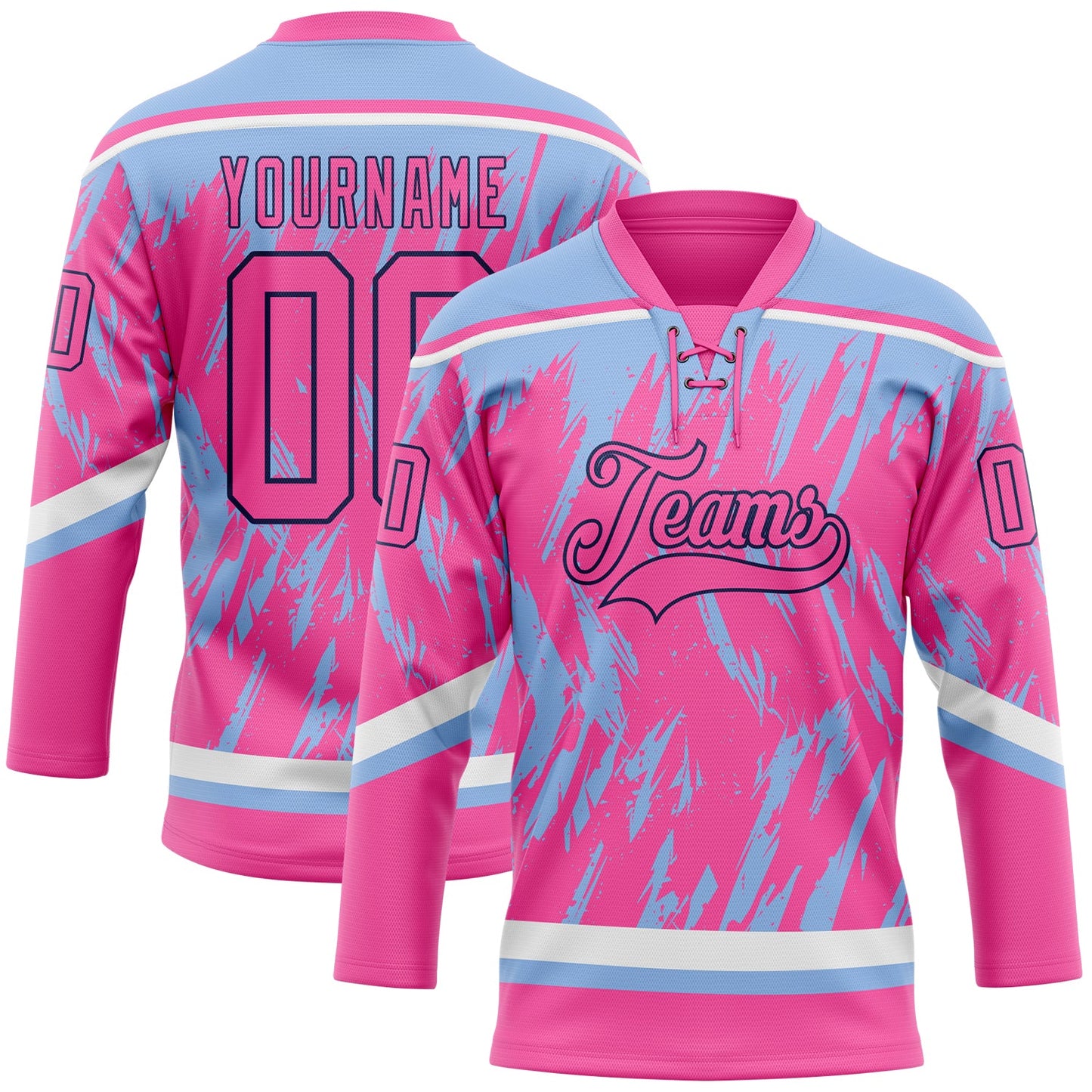 Custom Pink Light Blue Navy-White 3D Pattern Splash Art Hockey Lace Neck Jersey - Main View