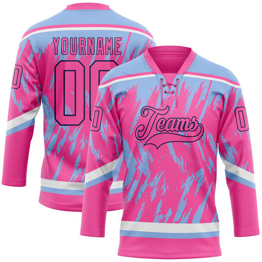 Custom Pink Light Blue Navy-White 3D Pattern Splash Art Hockey Lace Neck Jersey - Main View