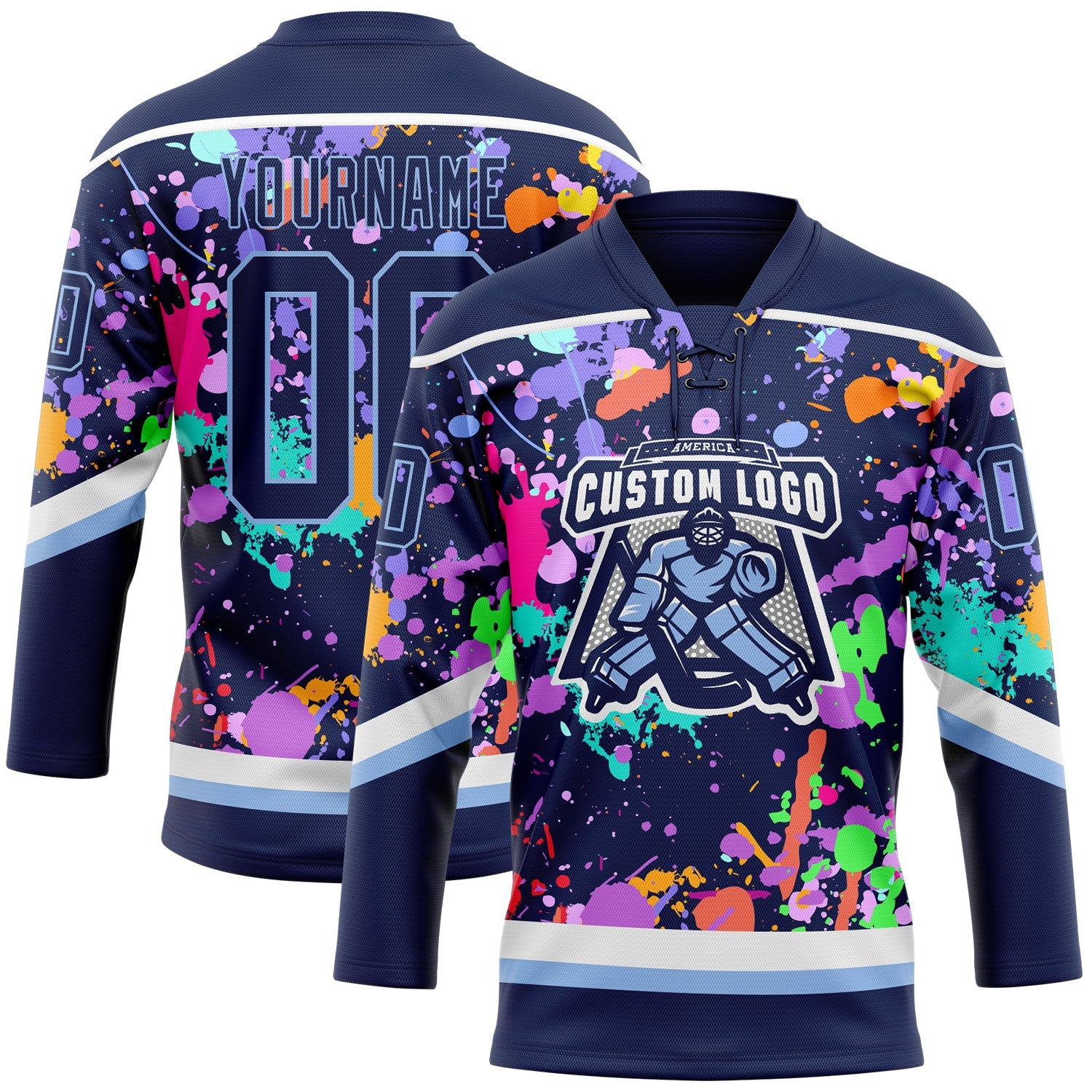 Custom Graffiti Pattern Navy Light Blue-White 3D Pattern Splash Art Hockey Lace Neck Jersey view 2