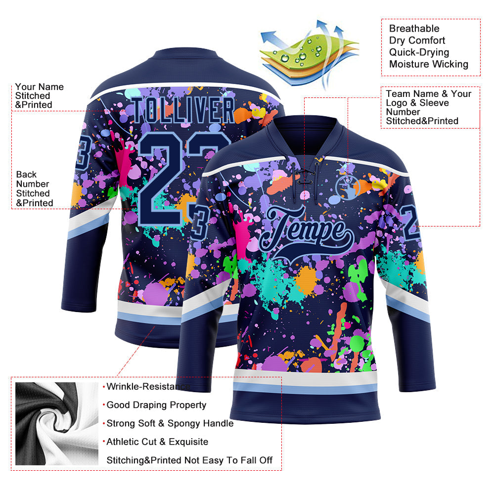 Custom Graffiti Pattern Navy Light Blue-White 3D Pattern Splash Art Hockey Lace Neck Jersey view 3
