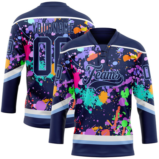 Custom Graffiti Pattern Navy Light Blue-White 3D Pattern Splash Art Hockey Lace Neck Jersey - Main View