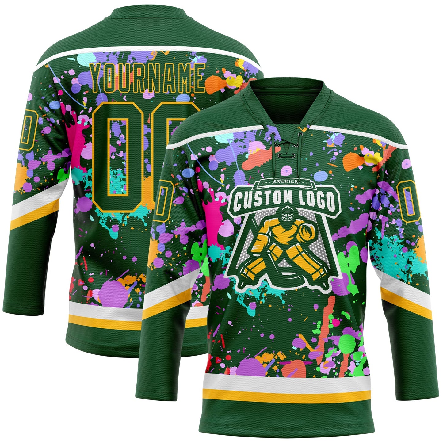 Custom Graffiti Pattern Green Gold-White 3D Pattern Splash Art Hockey Lace Neck Jersey view 2