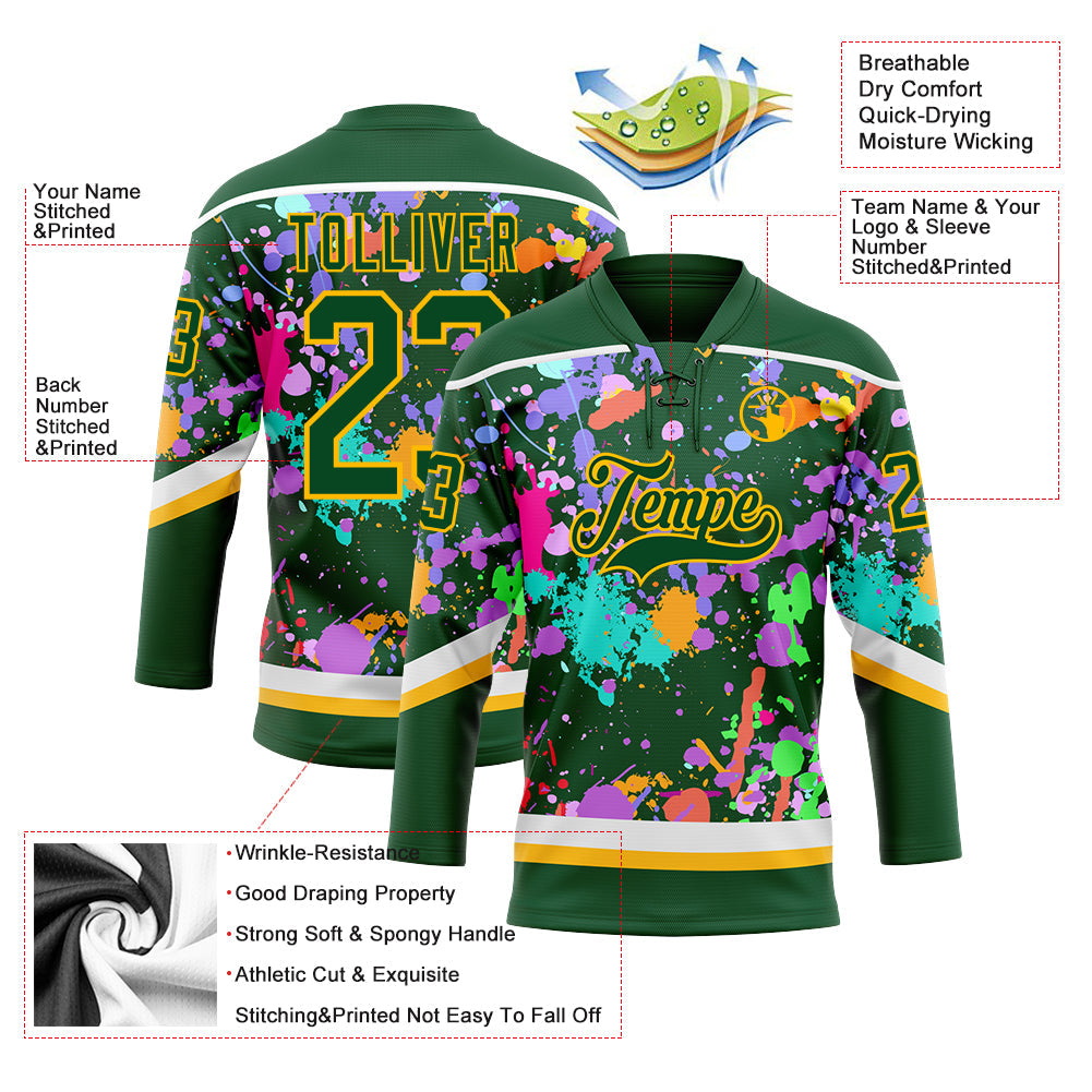 Custom Graffiti Pattern Green Gold-White 3D Pattern Splash Art Hockey Lace Neck Jersey view 3