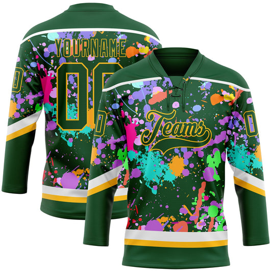 Custom Graffiti Pattern Green Gold-White 3D Pattern Splash Art Hockey Lace Neck Jersey - Main View
