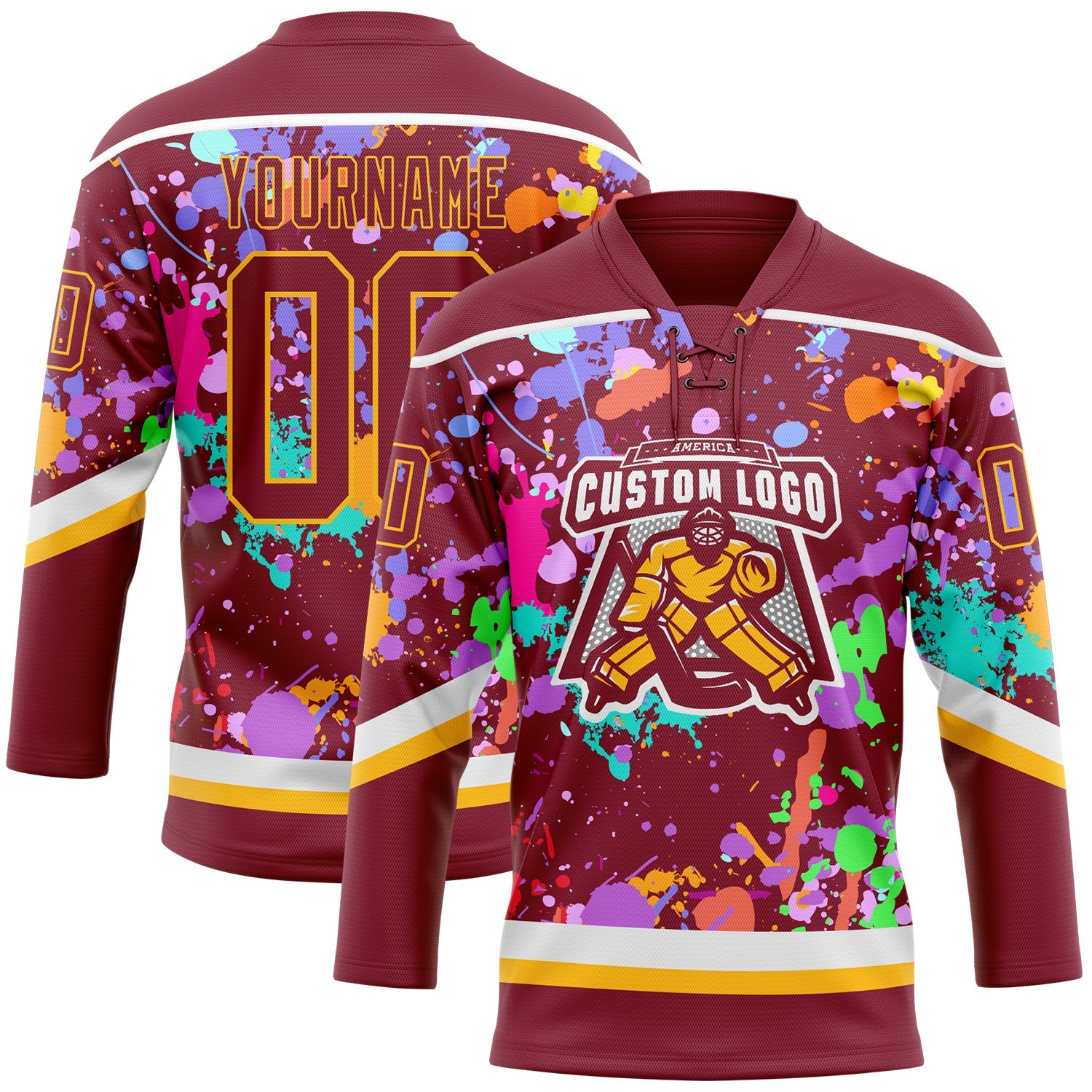 Custom Graffiti Pattern Crimson Gold-White 3D Pattern Splash Art Hockey Lace Neck Jersey view 2