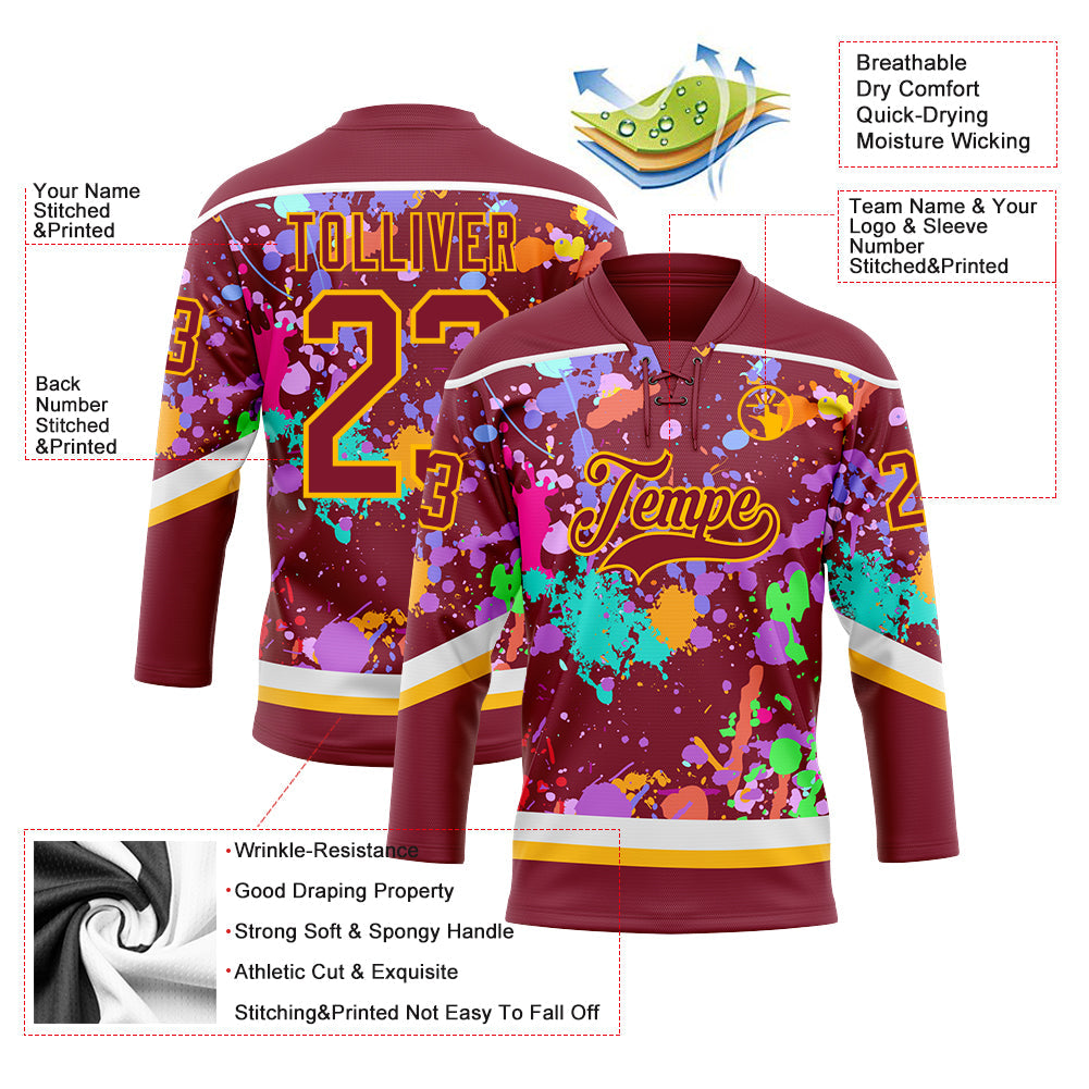 Custom Graffiti Pattern Crimson Gold-White 3D Pattern Splash Art Hockey Lace Neck Jersey view 3