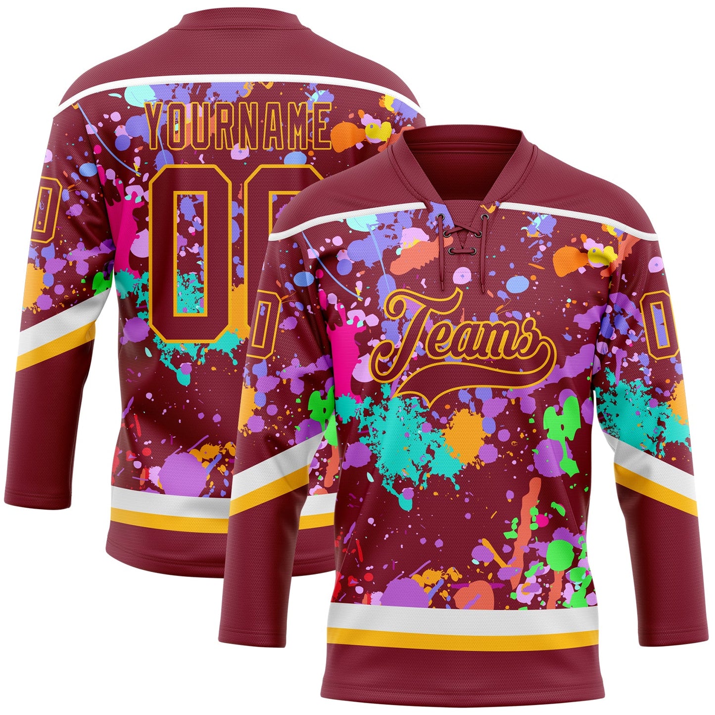 Custom Graffiti Pattern Crimson Gold-White 3D Pattern Splash Art Hockey Lace Neck Jersey - Main View