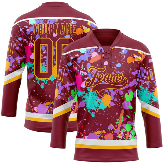 Custom Graffiti Pattern Crimson Gold-White 3D Pattern Splash Art Hockey Lace Neck Jersey - Main View