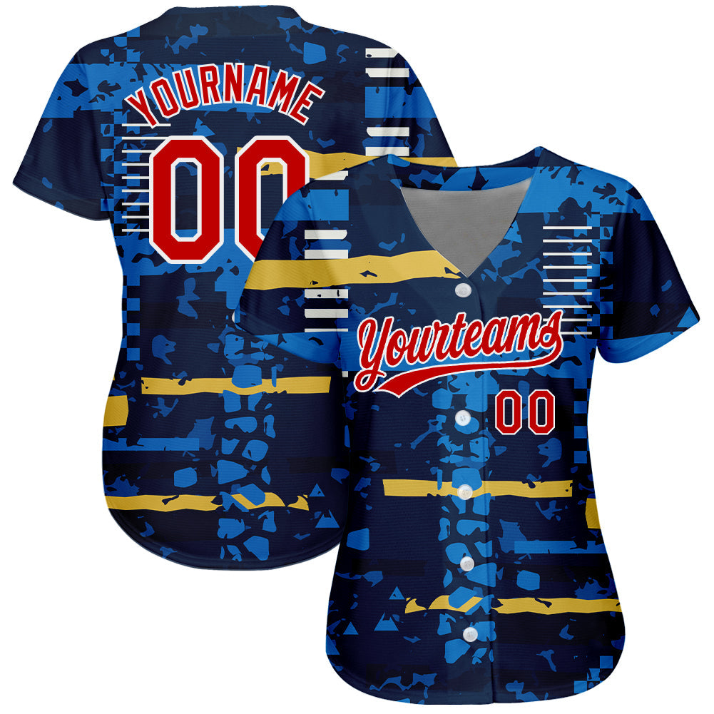 Custom Navy Red-White 3D Pattern Design Authentic Baseball Jersey view 2