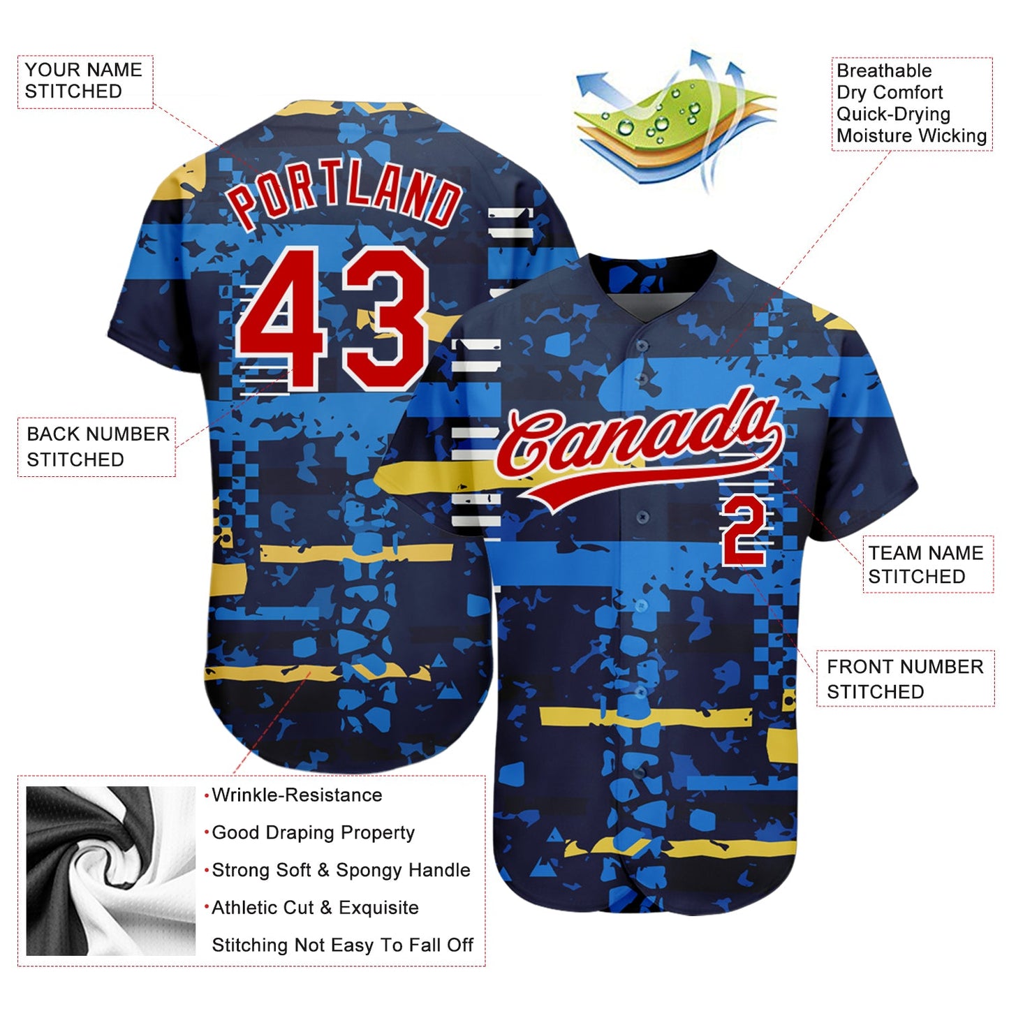 Custom Navy Red-White 3D Pattern Design Authentic Baseball Jersey view 3