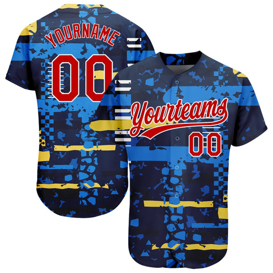 Custom Navy Red-White 3D Pattern Design Authentic Baseball Jersey - Main View