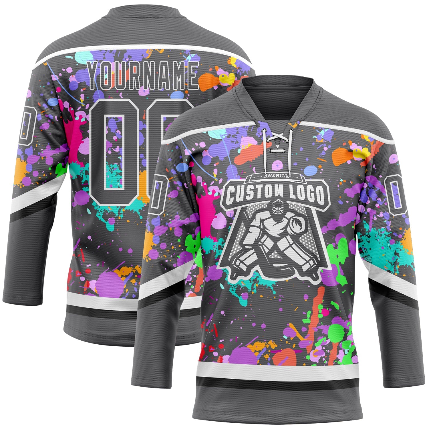 Custom Graffiti Pattern Steel Gray Black-White 3D Pattern Splash Art Hockey Lace Neck Jersey view 2