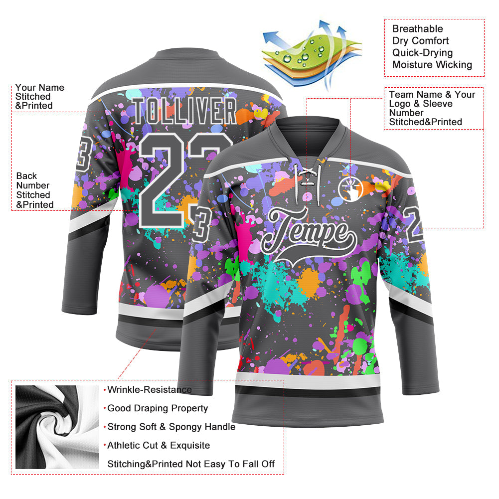 Custom Graffiti Pattern Steel Gray Black-White 3D Pattern Splash Art Hockey Lace Neck Jersey view 3