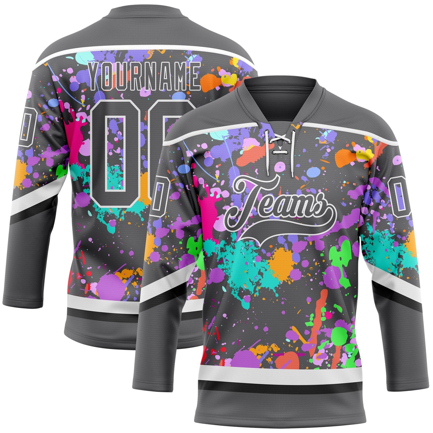 Custom Graffiti Pattern Steel Gray Black-White 3D Pattern Splash Art Hockey Lace Neck Jersey - Main View