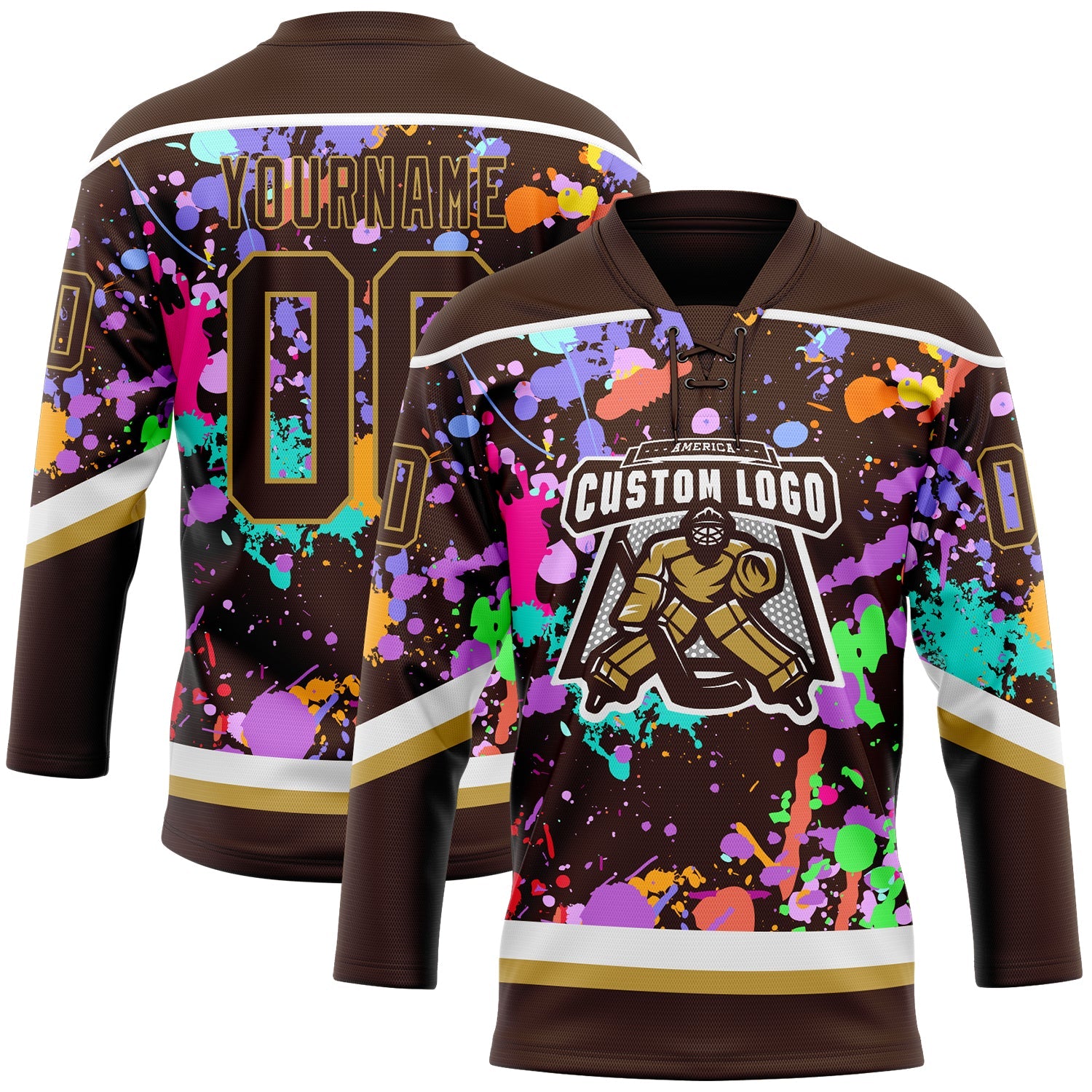 Custom Graffiti Pattern Brown Old Gold-White 3D Pattern Splash Art Hockey Lace Neck Jersey view 2