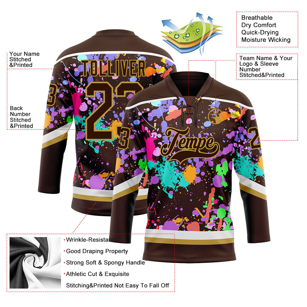 Custom Graffiti Pattern Brown Old Gold-White 3D Pattern Splash Art Hockey Lace Neck Jersey view 3