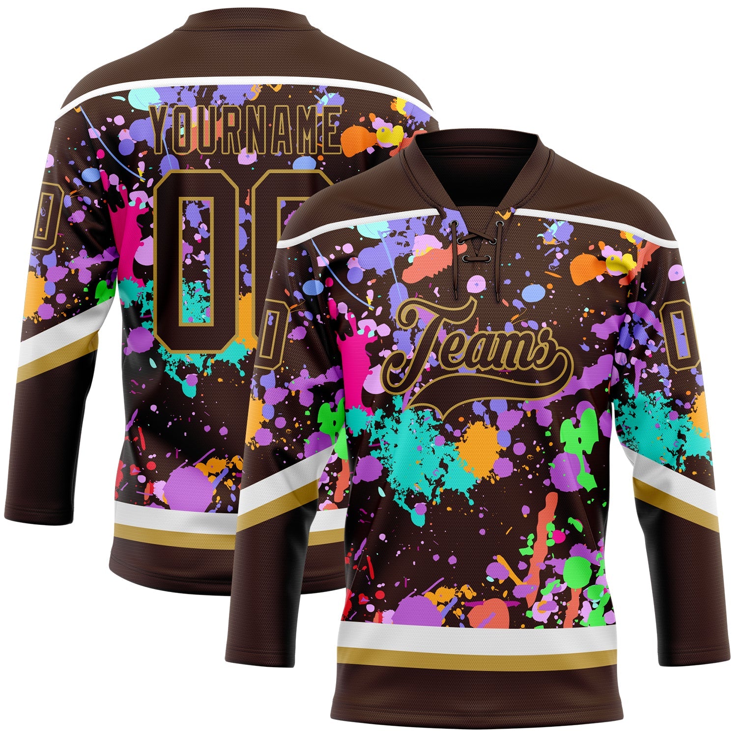 Custom Graffiti Pattern Brown Old Gold-White 3D Pattern Splash Art Hockey Lace Neck Jersey - Main View